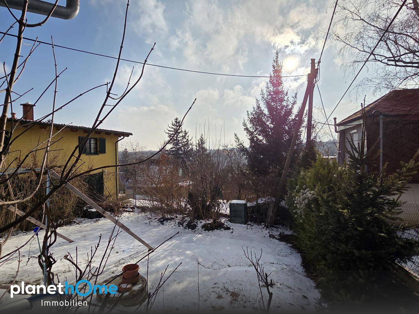 Verschneiter Gartenbereich mit Bäumen und einem Haus im Hintergrund, beleuchtet von der Wintersonne.