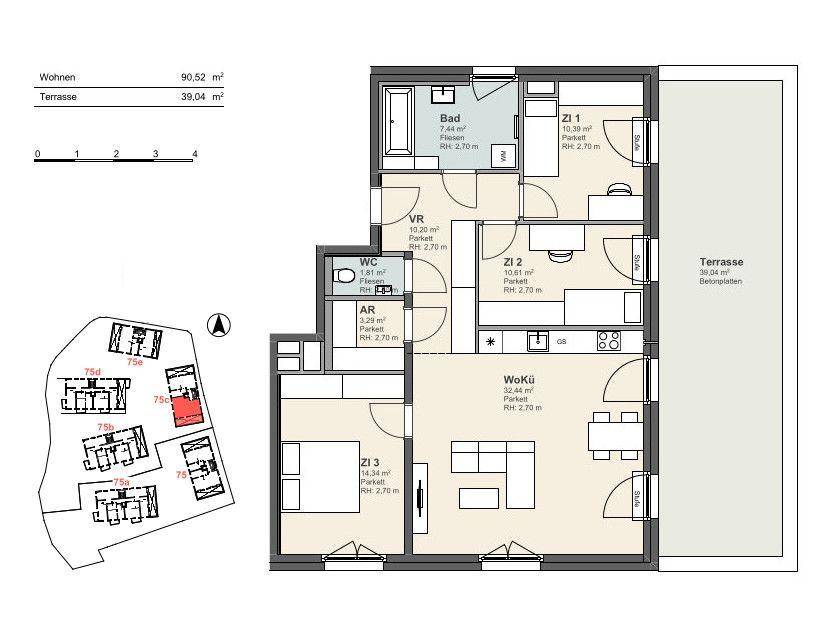 Grundriss einer Wohnung mit drei Zimmern, Bad, WC und großer Terrasse.