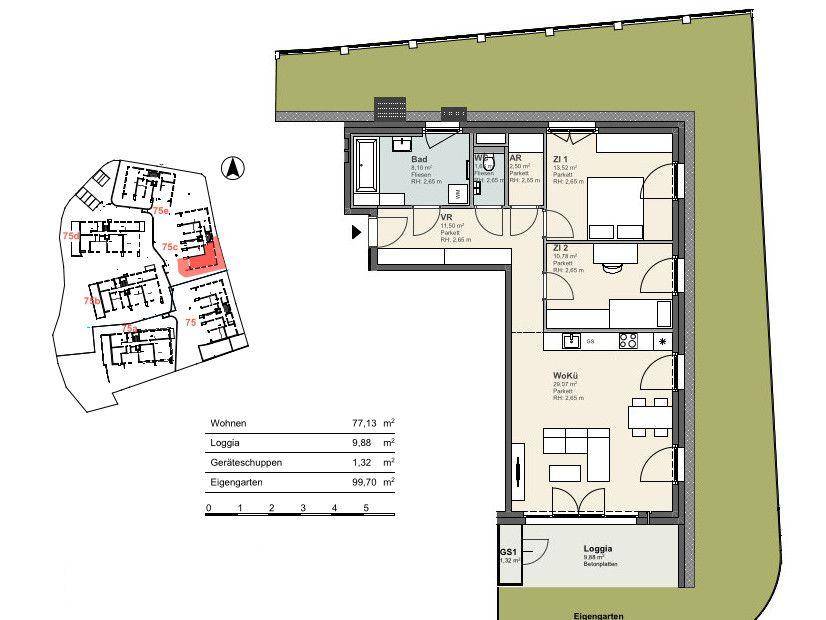 Grundriss einer Wohnung mit Loggia, Garten und offenem Wohn-Kochbereich.