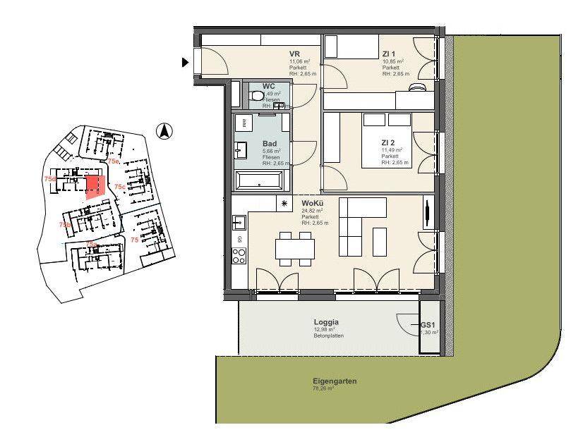 Grundriss einer Wohnung mit Loggia, eigenem Garten und mehreren Zimmern.