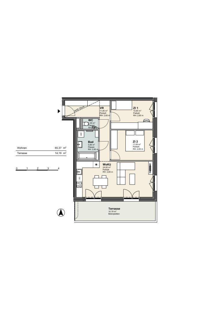 Grundriss einer Wohnung mit zwei Zimmern, Bad, WC und einer großen Terrasse.