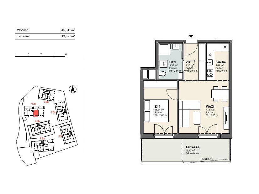 Grundriss einer Wohnung mit Wohnzimmer, Küche, Bad, Schlafzimmer und einer großen Terrasse.