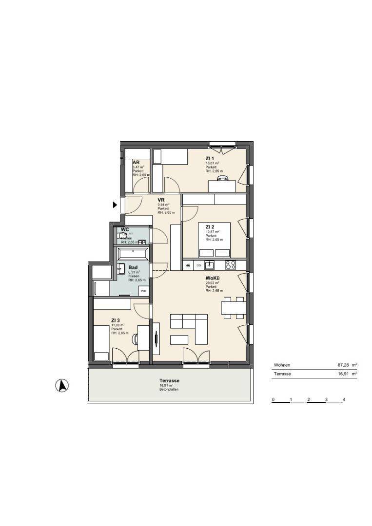 Detaillierter Grundriss einer Wohnung mit drei Zimmern, offenem Wohnbereich und großer Terrasse.