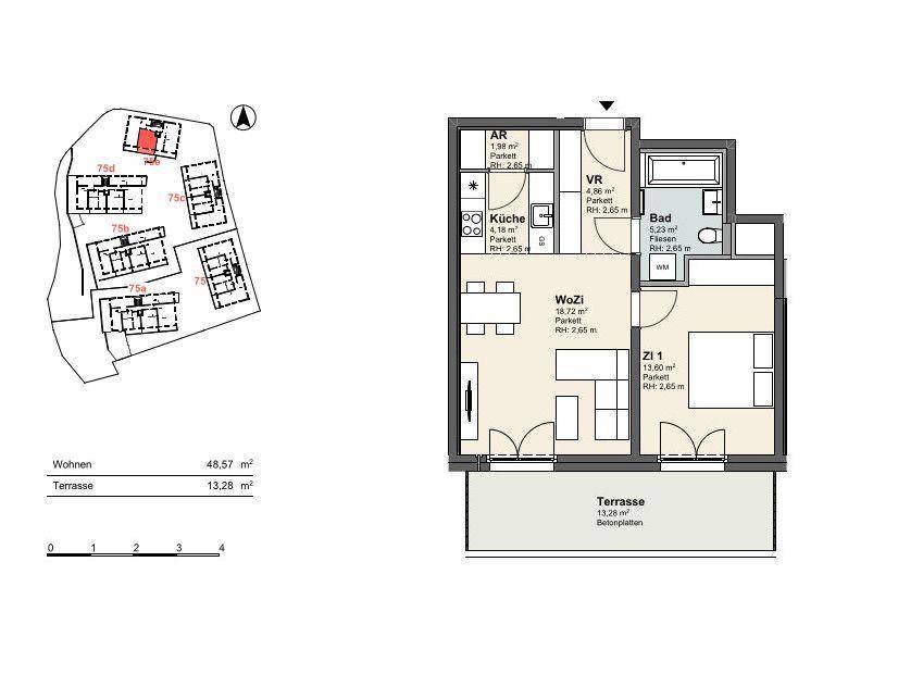 Grundriss einer Wohnung mit Wohnzimmer, Schlafzimmer, Bad und Terrasse.