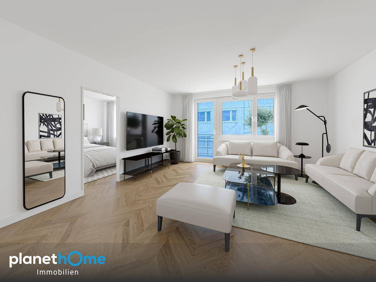 Modernes, helles Wohnzimmer mit Parkettboden, großen Fenstern und Zugang zu einem Schlafzimmer.