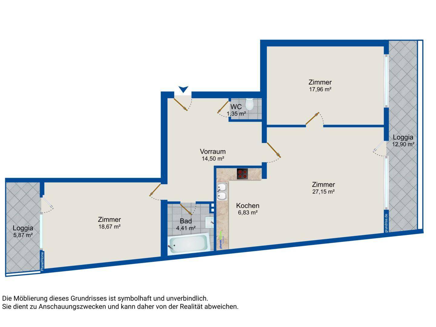 Grundrissplan einer Wohnung mit drei Zimmern, Loggien, Bad und separatem WC.