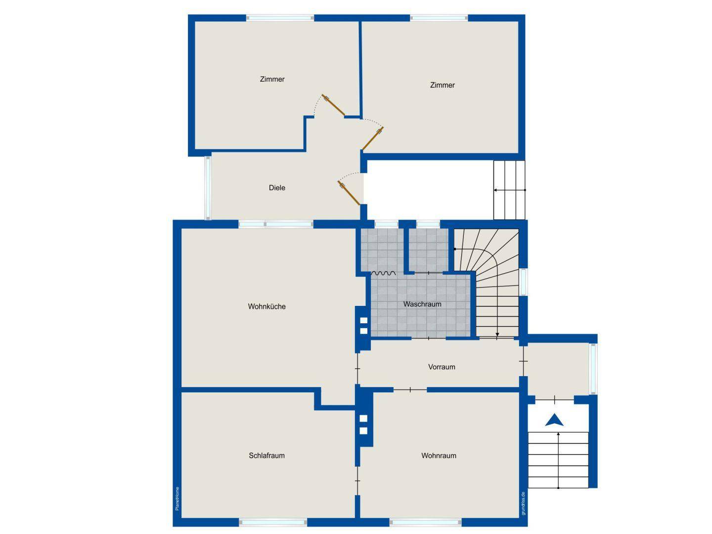 Grundriss des Obergeschosses mit mehreren Zimmern, Wohnküche und Waschraum.