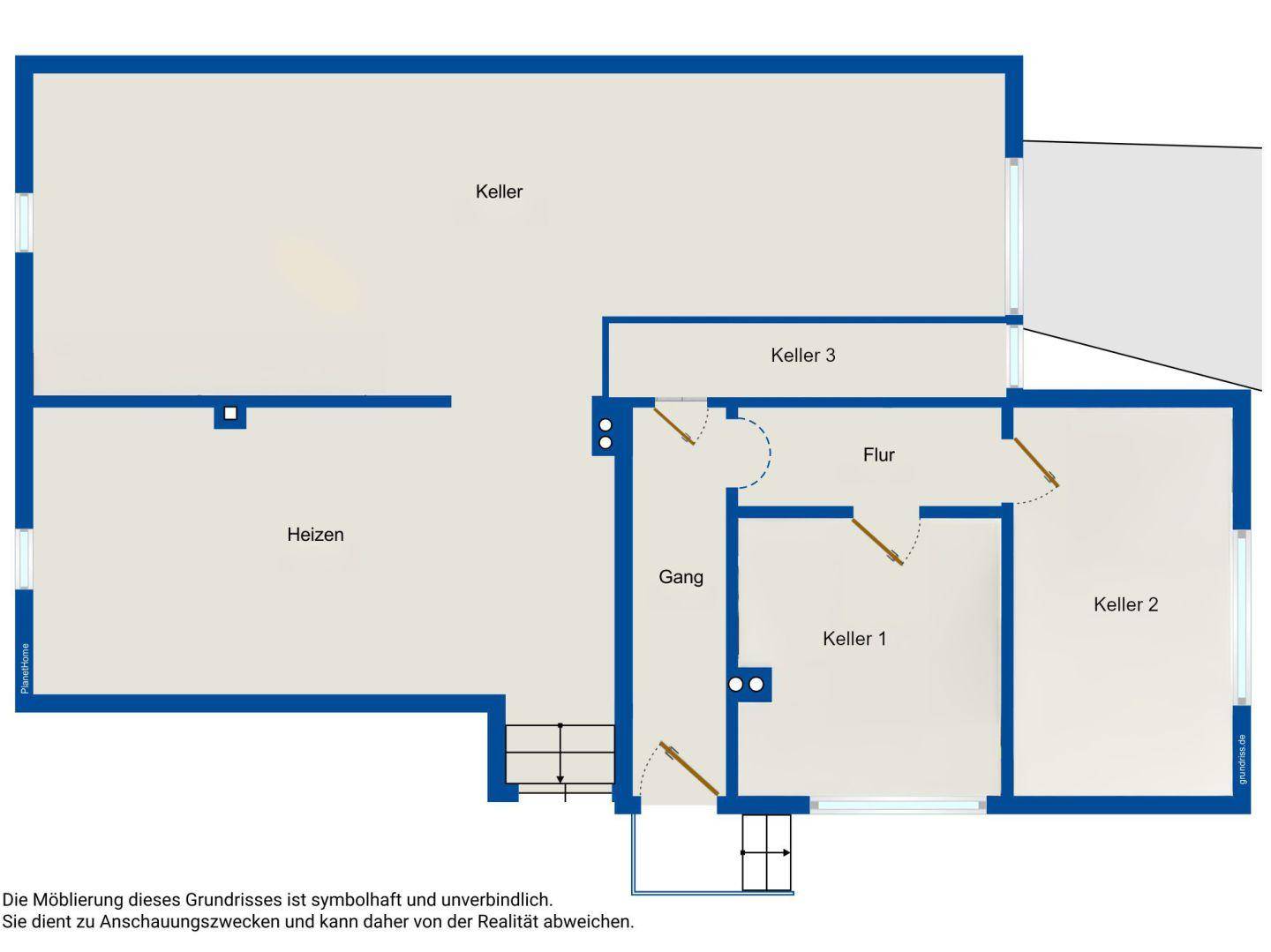 Grundriss des Kellergeschosses mit Heizraum und mehreren separaten Kellerräumen für Lagerung.
