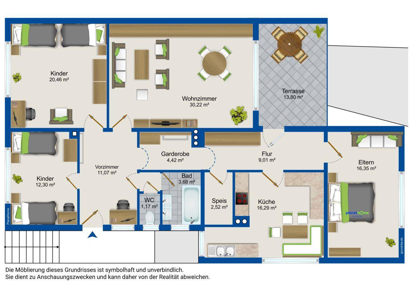 Detaillierter Grundriss des Erdgeschosses mit Wohnzimmer, Küche, Terrasse und mehreren Schlafzimmern.