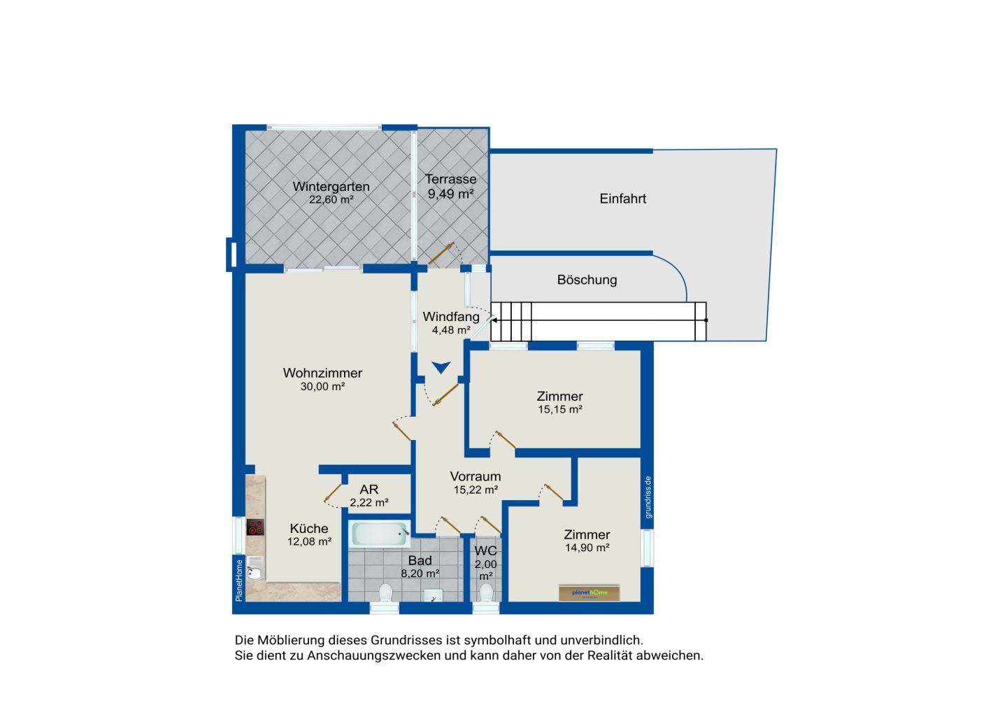 Grundriss des Erdgeschosses mit Wohnzimmer, Küche, Wintergarten und Terrasse.