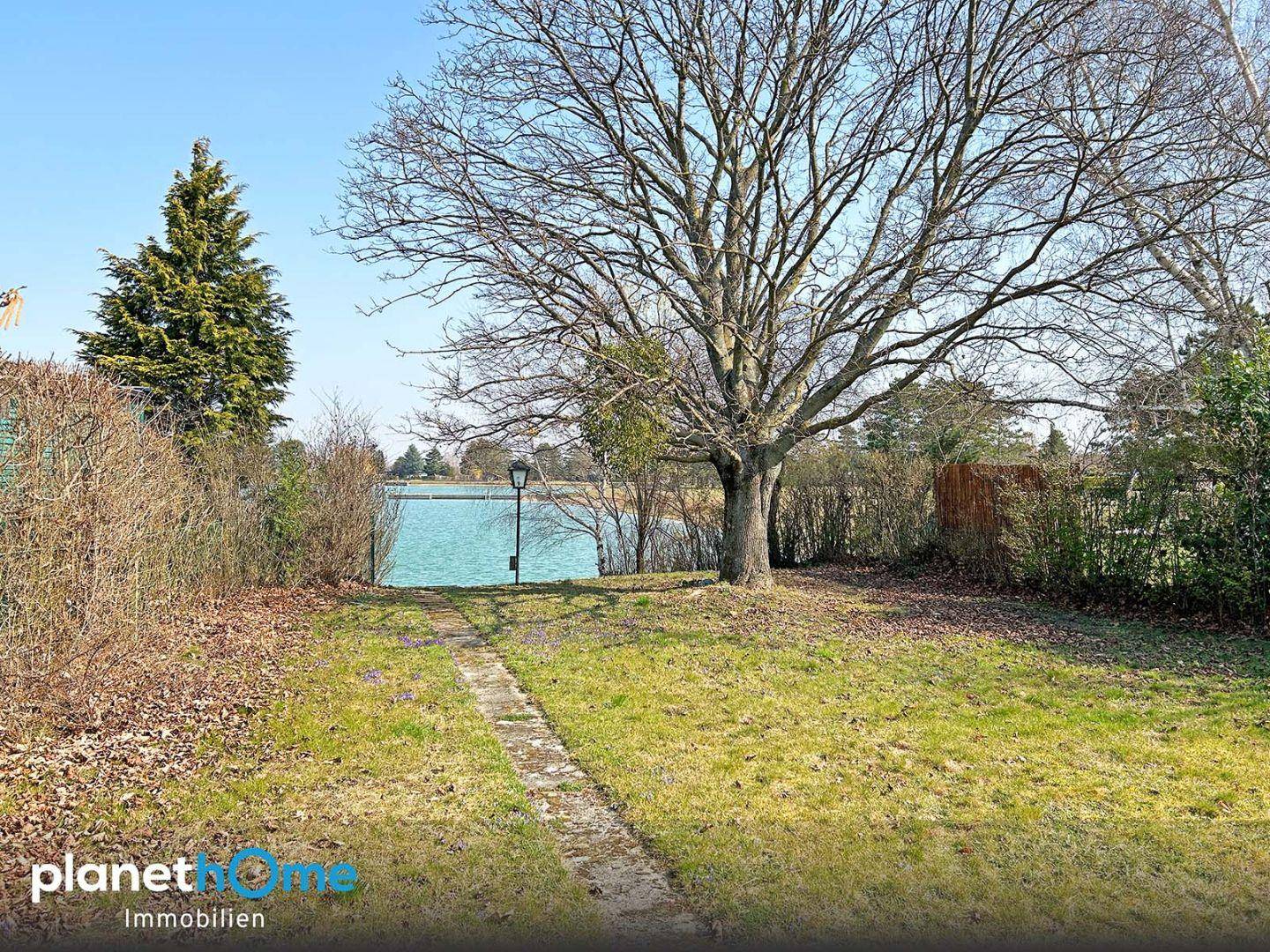 Gepflegter Gartenbereich mit einem Pfad, der zum Seeufer und einem großen Baum führt.