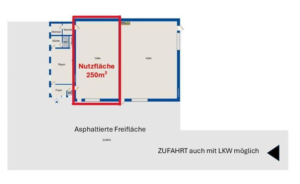 Grundrissplan einer Gewerbeeinheit mit 250m² Nutzfläche, inklusive Halle, Büroräumen und asphaltierter Zufahrt.