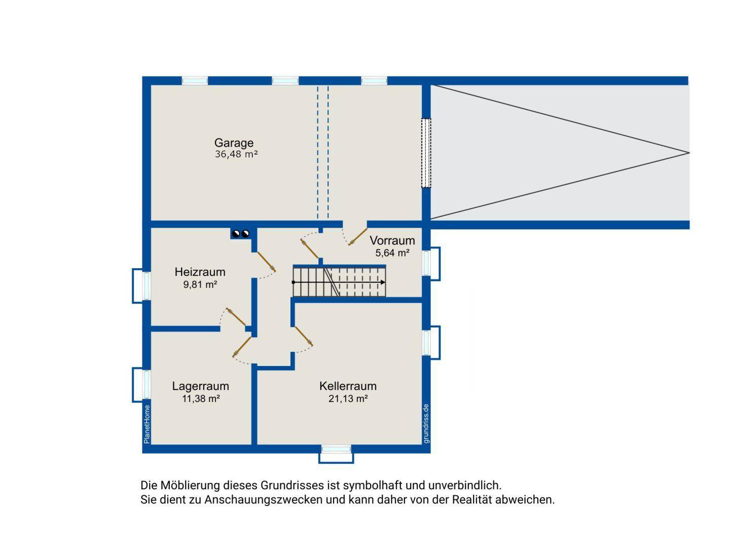 Grundriss des Untergeschosses mit Garage, Heizraum, Lagerraum und Kellerraum sowie einem Vorraum mit Treppe.