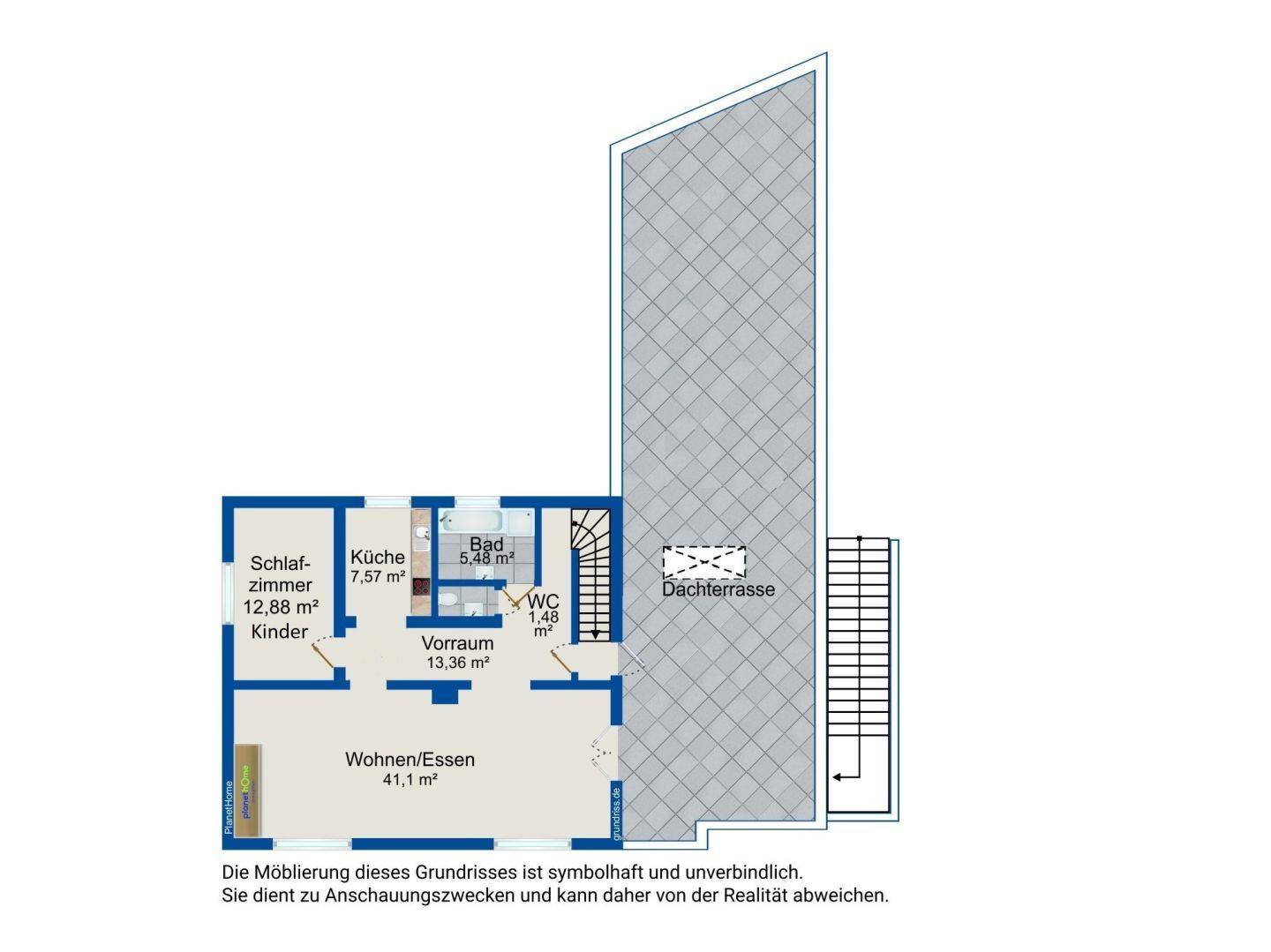 Grundriss des Obergeschosses mit Schlafzimmer, Küche, Bad, WC und Dachterrasse.