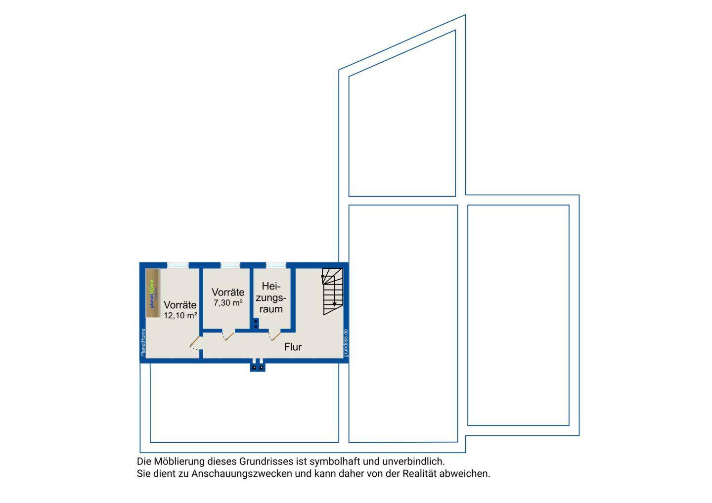 Grundriss des Kellergeschosses mit Vorratsräumen und Heizungsraum.