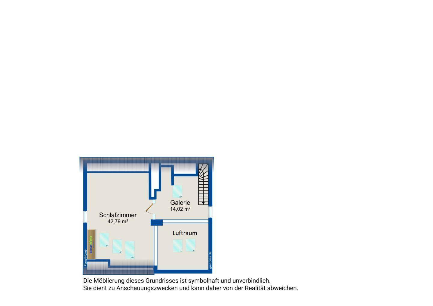 Grundriss des Dachgeschosses mit Schlafzimmer, Galerie und Luftraum.