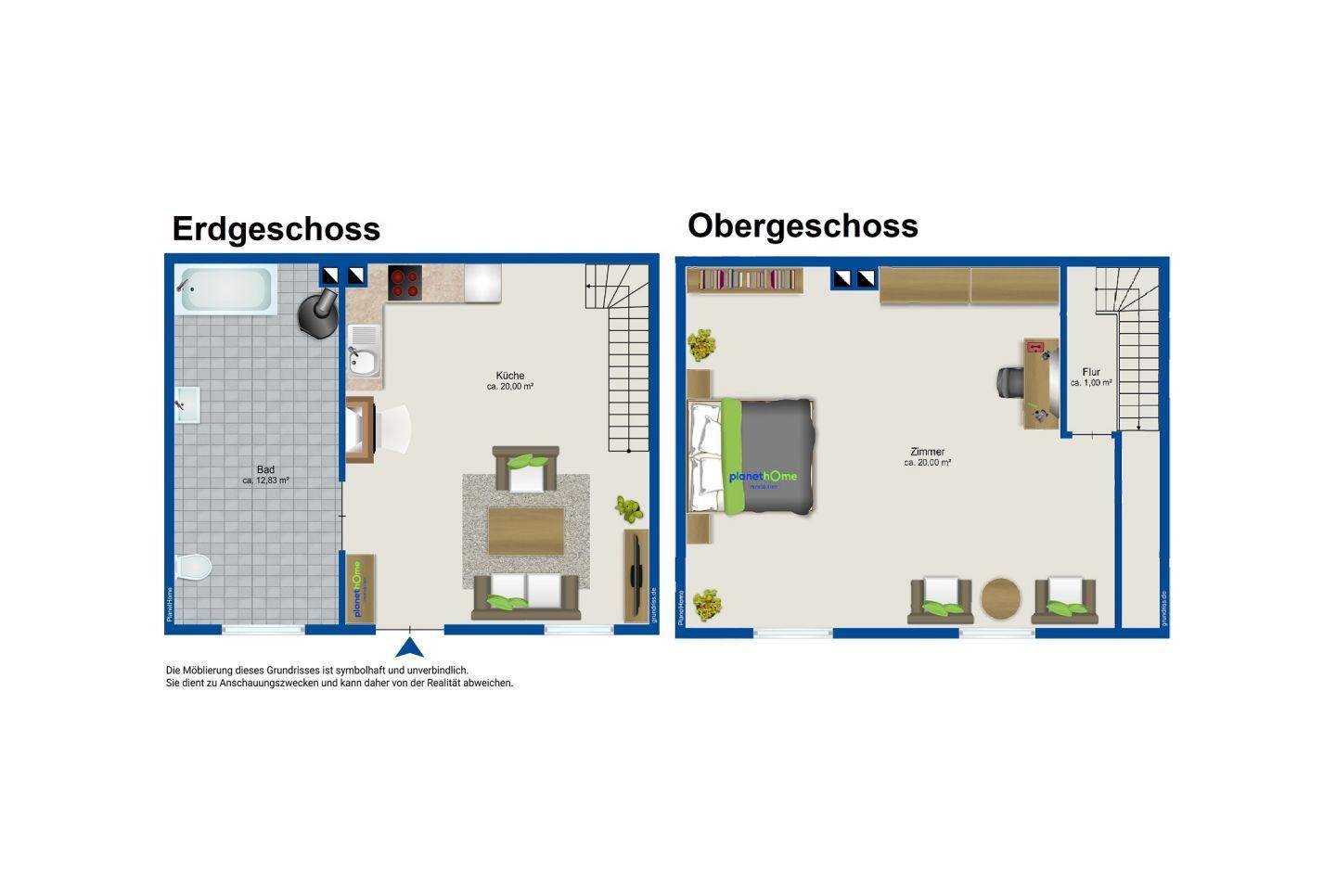 Detaillierter Grundriss für Erdgeschoss und Obergeschoss mit Möblierungsvorschlägen.