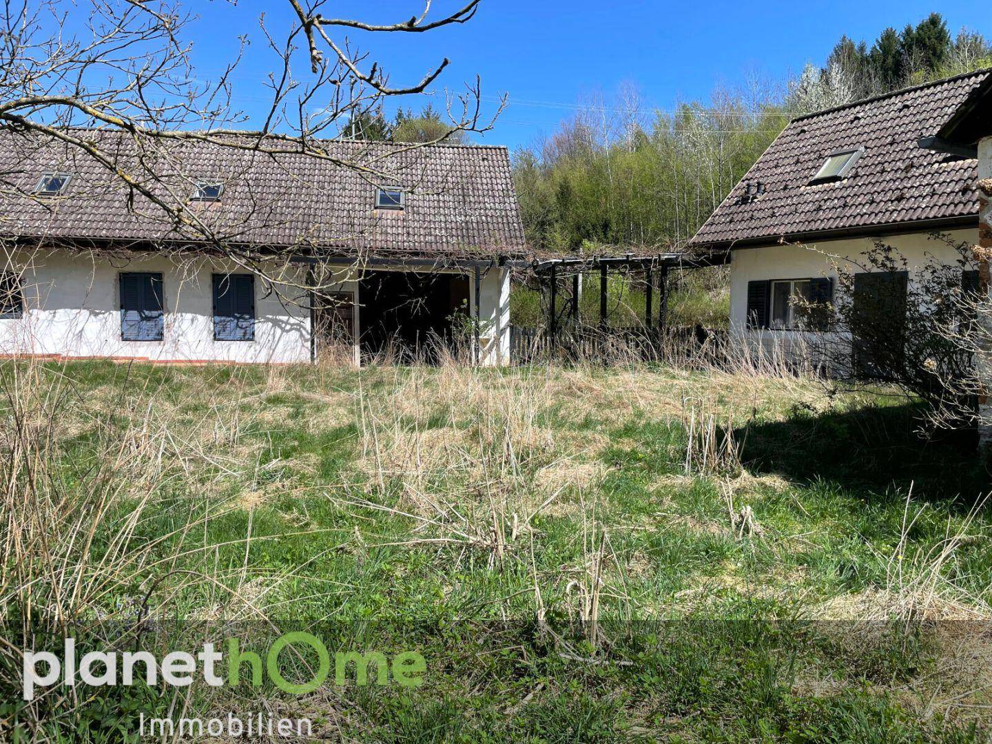 Weitläufiges Grundstück mit altem Haus und viel Grünfläche unter blauem Himmel.
