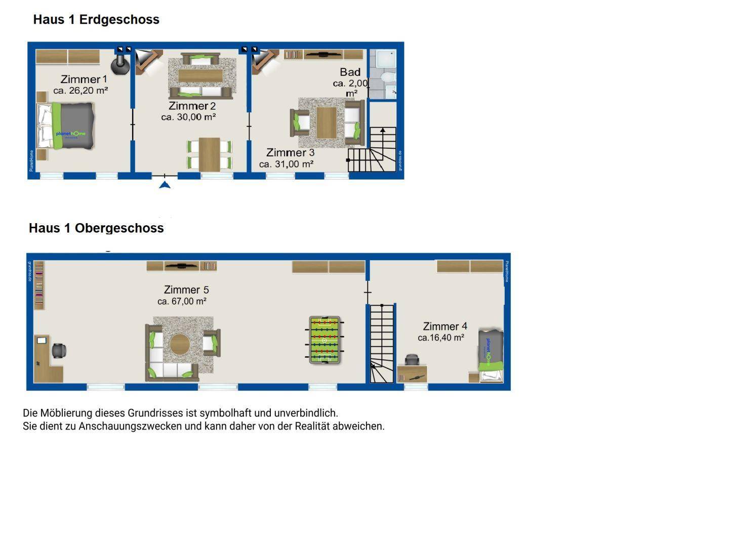 Grundriss für Haus 1 mit Erdgeschoss und Obergeschoss, inklusive Raumaufteilung.