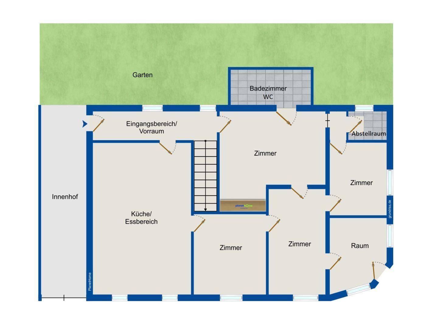 Grundriss des Erdgeschosses mit Garten, Innenhof, Küche/Essbereich, Badezimmer und Abstellraum.
