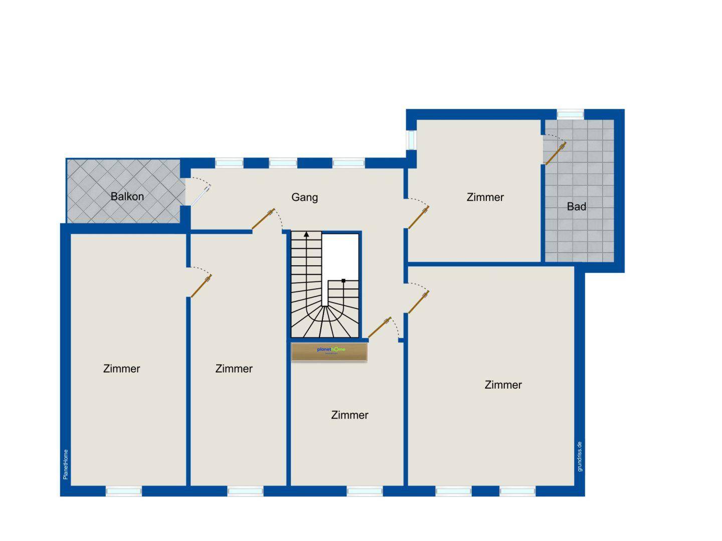 Grundriss des Obergeschosses mit Balkon, Badezimmer und mehreren Zimmern, verbunden durch einen Gang.