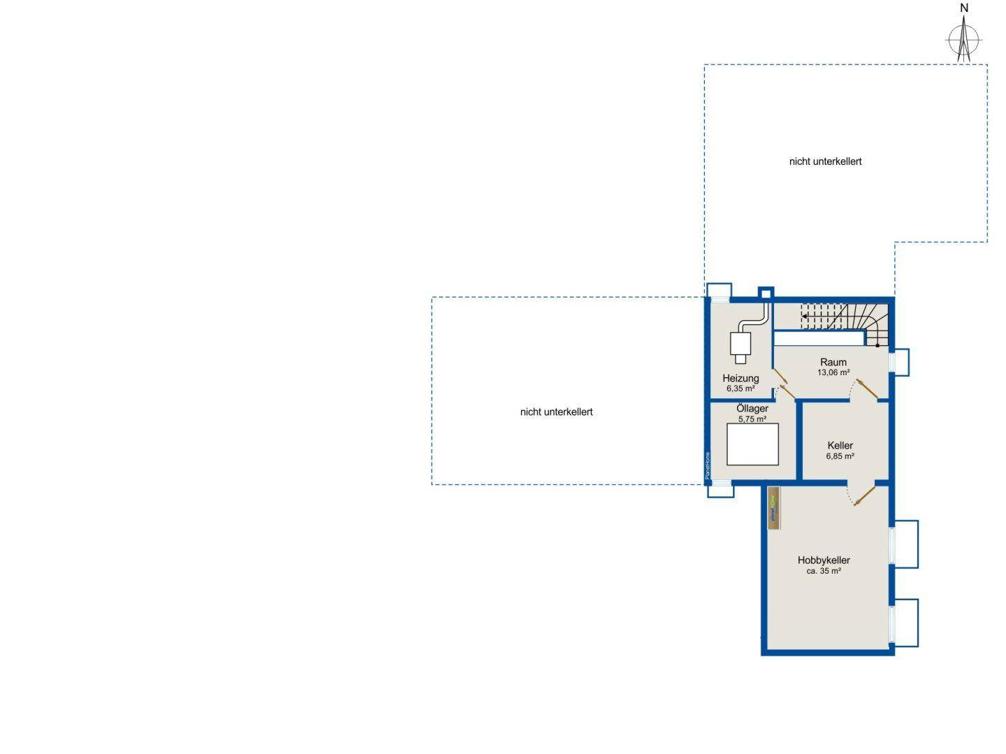 Grundriss des Untergeschosses mit Heizungsraum, Keller und Hobbykeller.