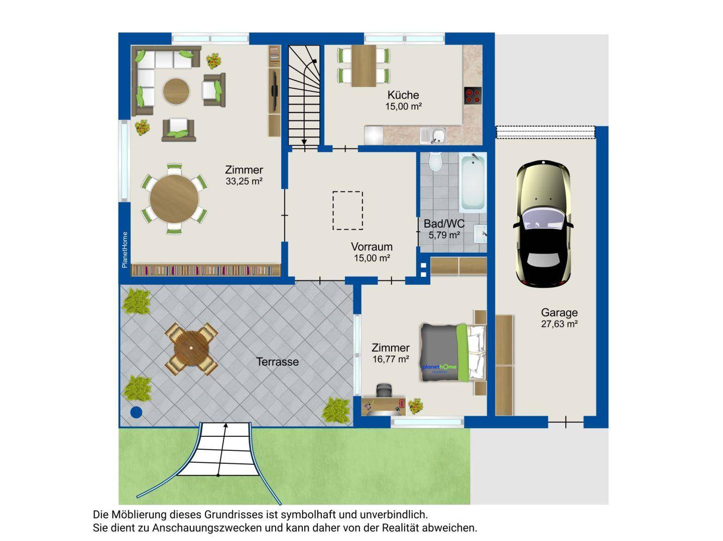 Detaillierter Grundriss des Erdgeschosses mit Wohnbereich, Küche, Bad und Garage.