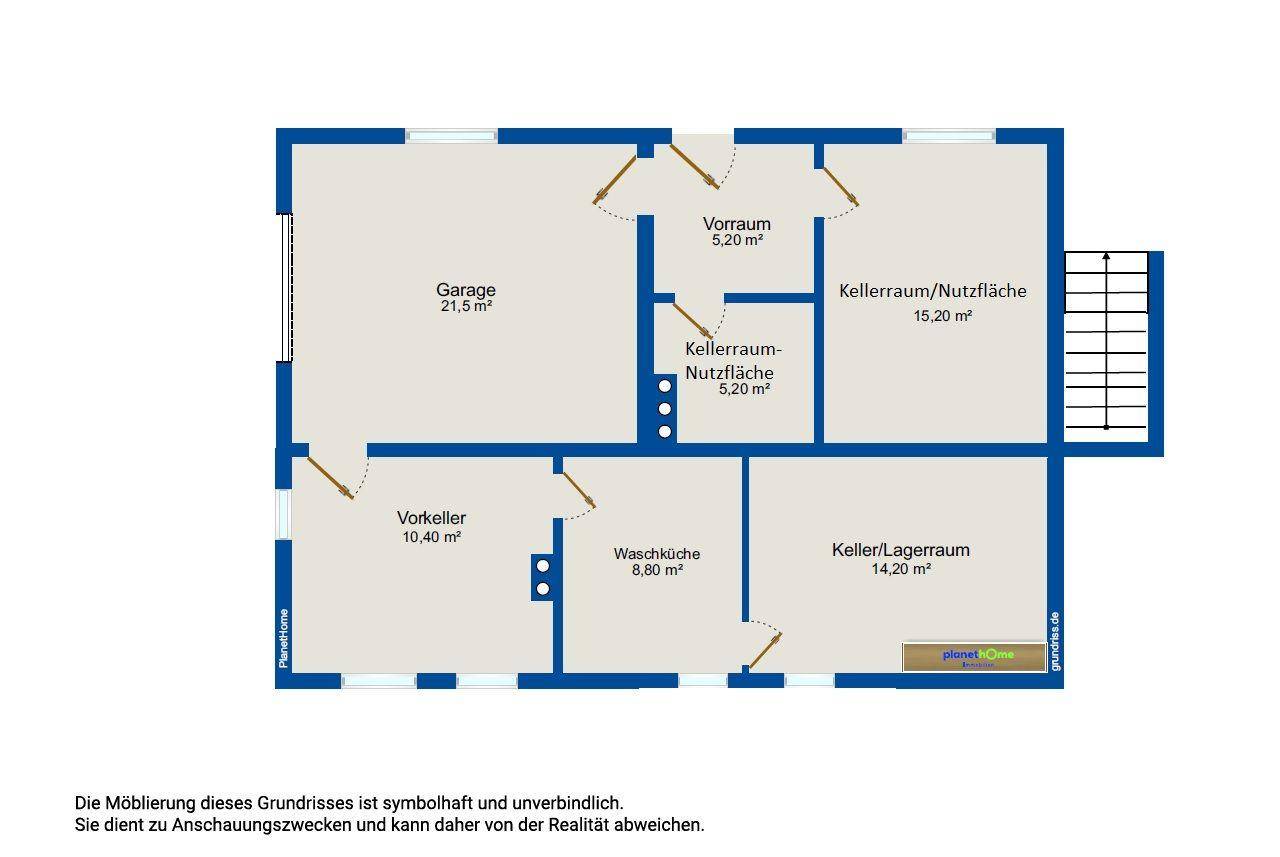 Grundriss des Kellergeschosses mit Garage, Kellerräumen und Waschküche.