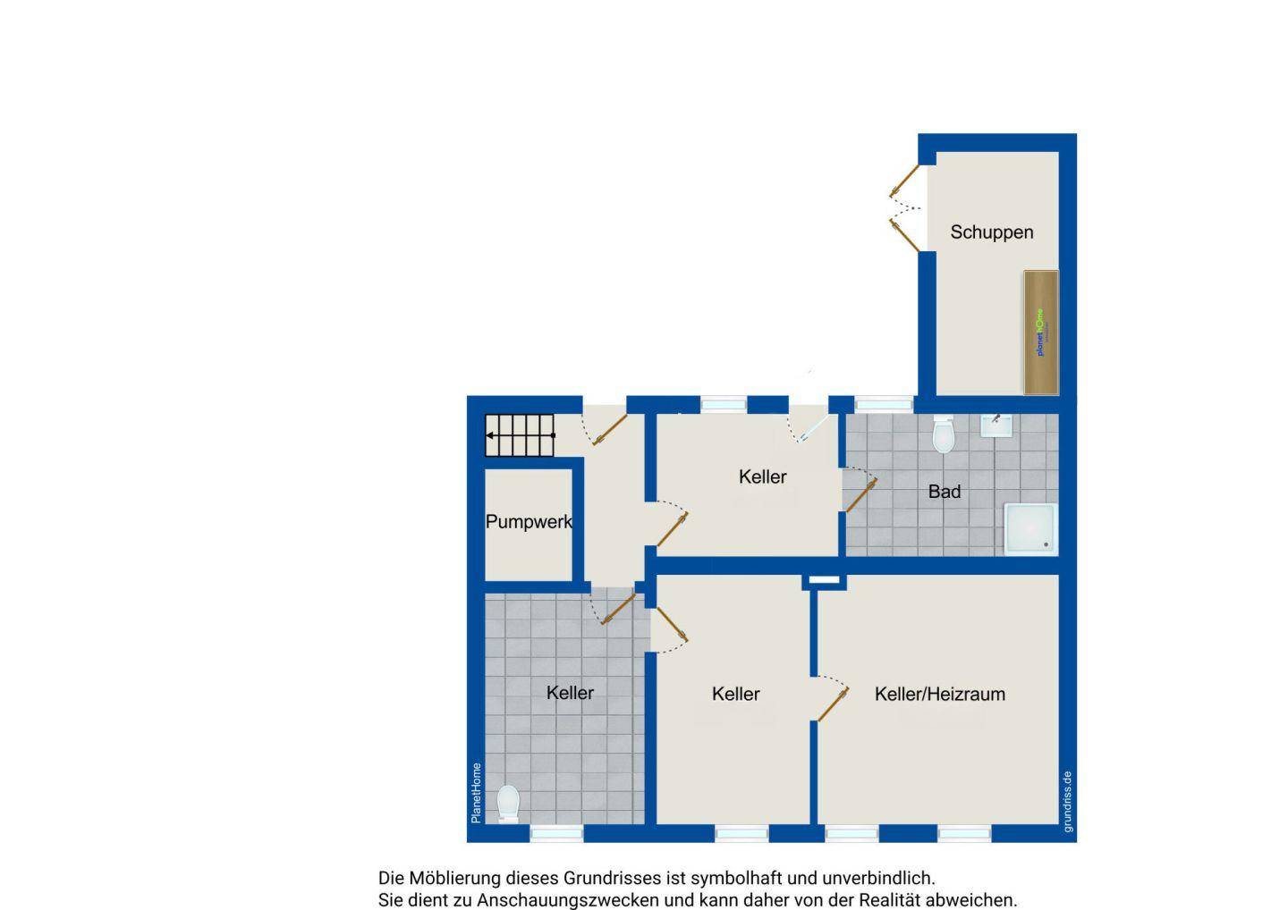 Grundriss des Kellergeschosses mit verschiedenen Kellerräumen, Bad und Heizraum.