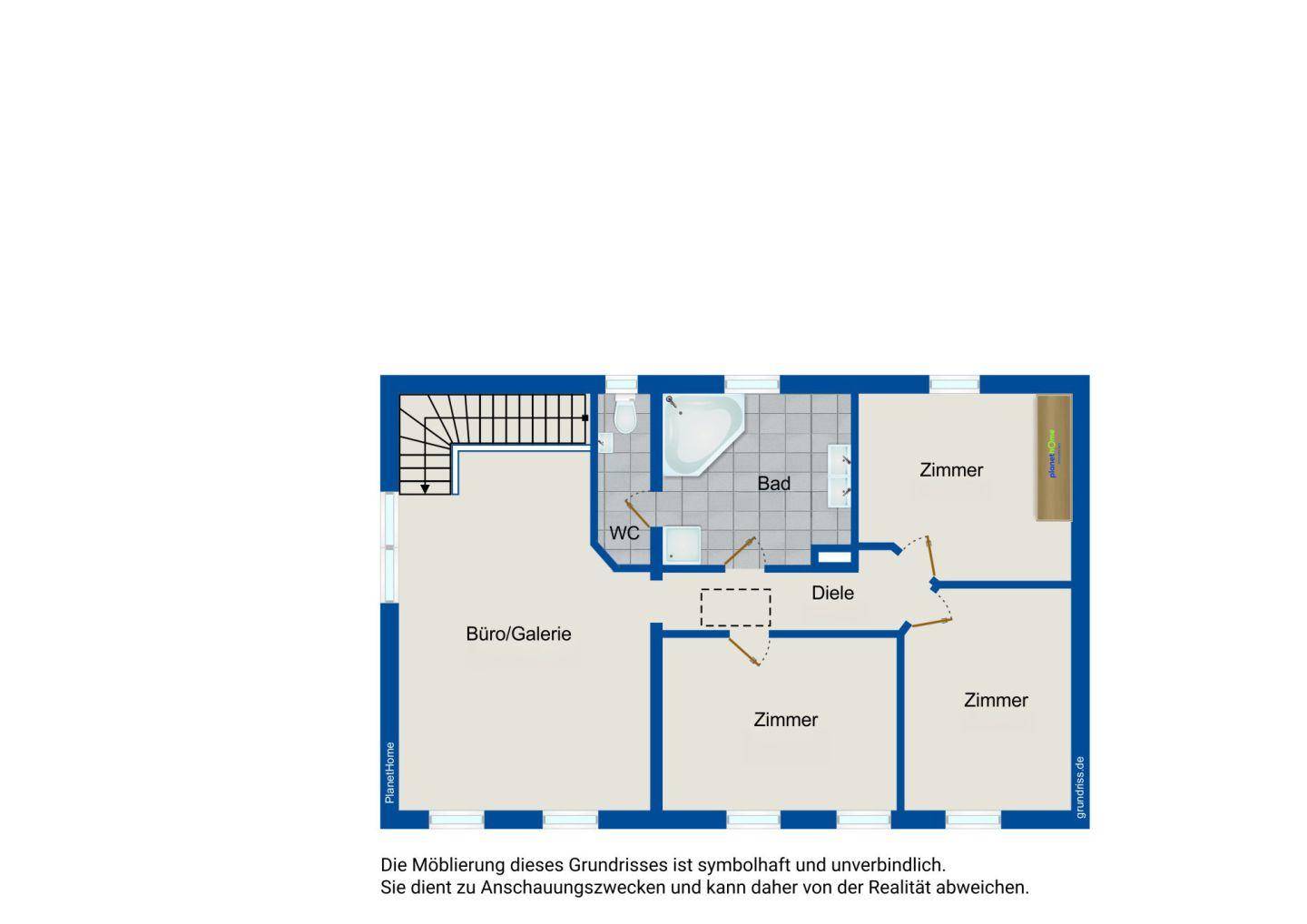 Grundriss des Obergeschosses mit mehreren Zimmern, einem Badezimmer mit Eckbadewanne und separatem WC.