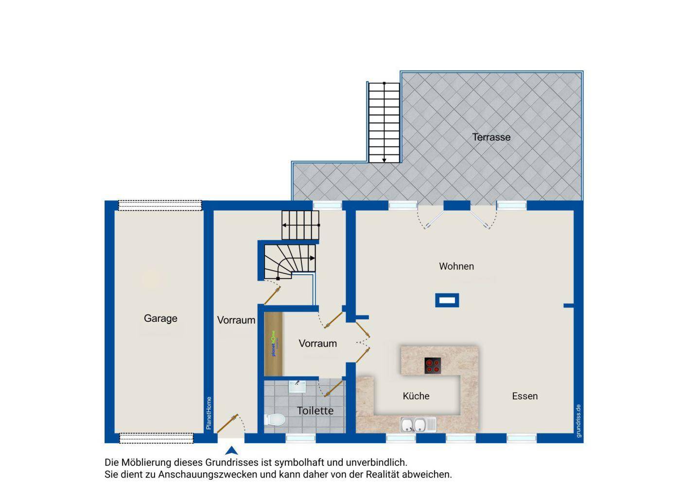 Grundriss des Erdgeschosses mit Garage, offener Küche, Wohn- und Essbereich sowie einer großen Terrasse.