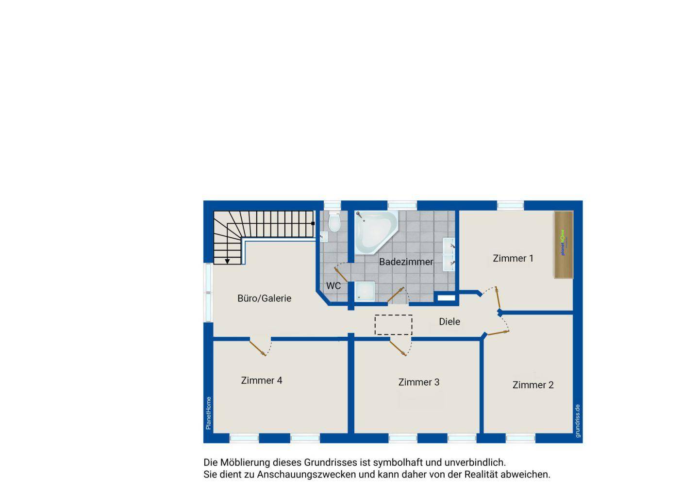 Grundriss des Obergeschosses mit vier Zimmern, einem Badezimmer mit Eckbadewanne und separatem WC.