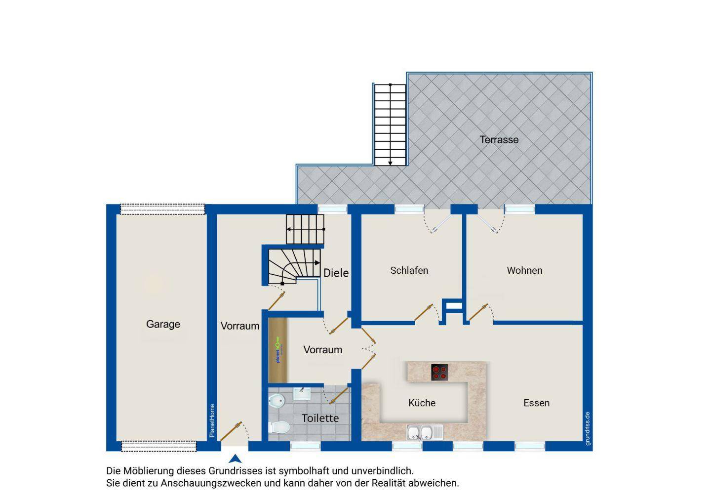 Grundriss des Erdgeschosses mit Garage, Küche, Essbereich, Schlafzimmer, Wohnzimmer und Terrasse.
