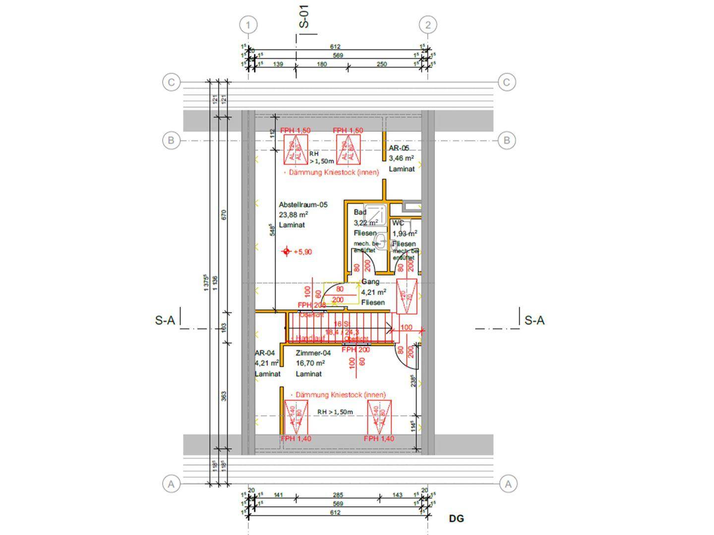 Grundriss des Dachgeschosses mit Abstellraum, Bad, WC, Gang und einem Zimmer.