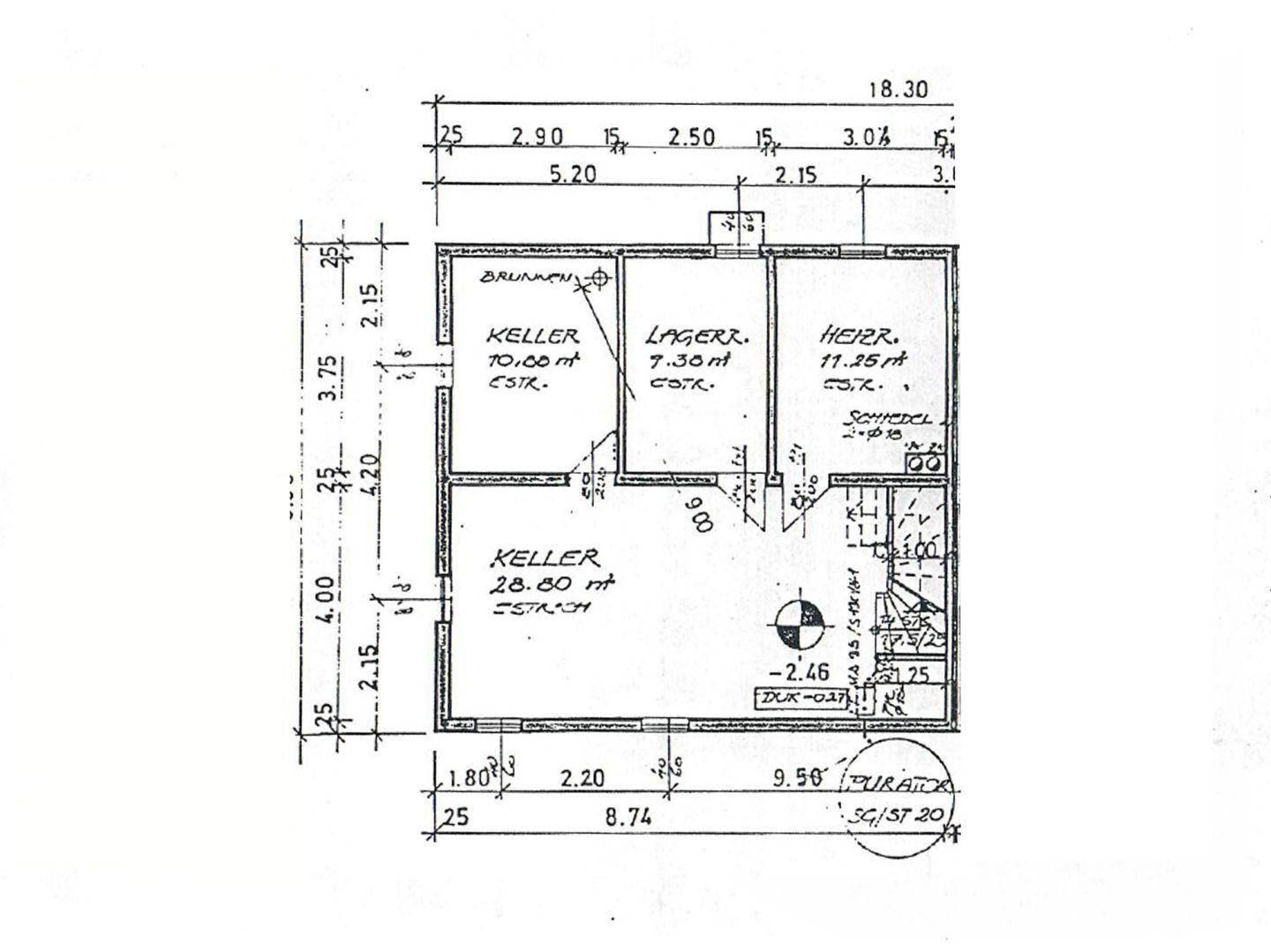 Grundriss des Kellers mit verschiedenen Lagerräumen und Heizraum.