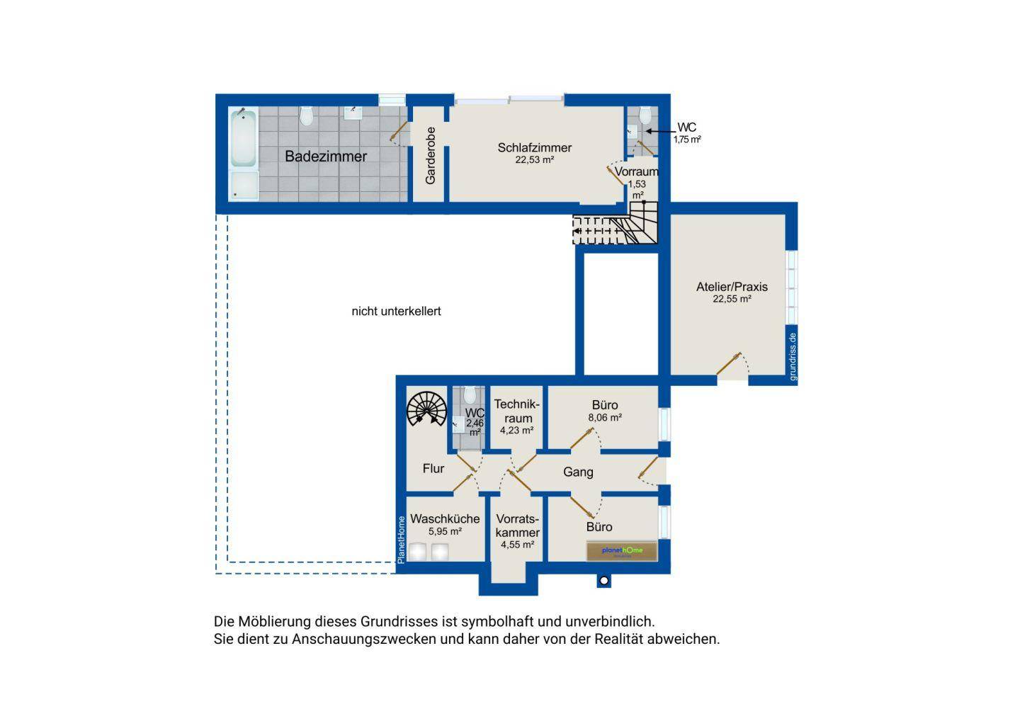Grundriss des Untergeschosses mit Schlafzimmer, Badezimmer, Büros, Waschküche und Vorratskammer.