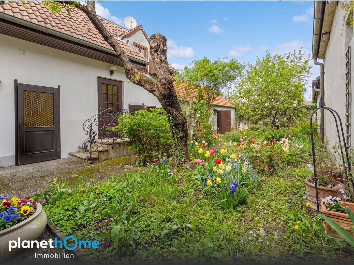 Blühender Garten mit verschiedenen Blumen, Bäumen und einem Zugang zum Haus.