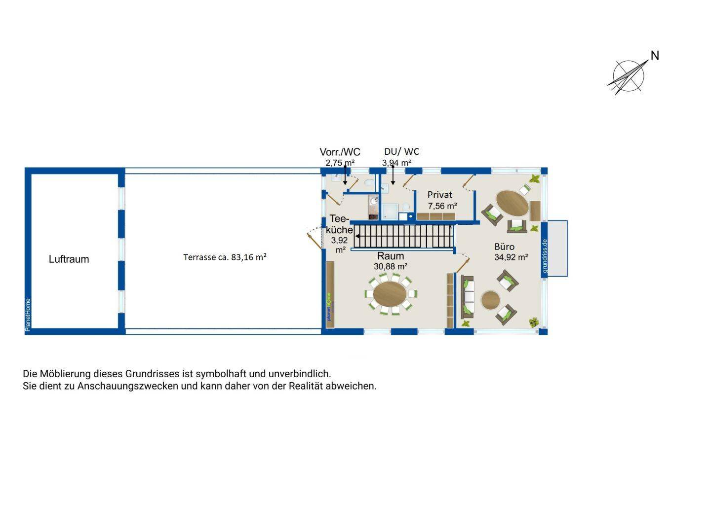 Grundriss des Obergeschosses mit Büro, privatem Raum, WC und einer großen Terrasse.