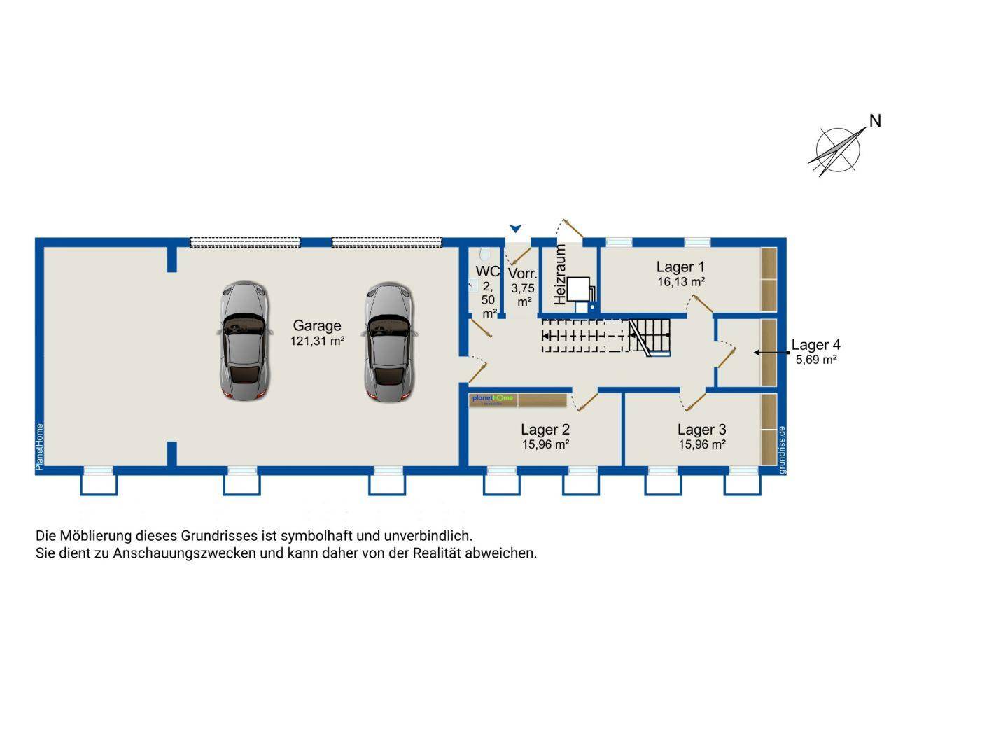 Grundriss des Untergeschosses mit großer Doppelgarage, WC, Heizraum und mehreren Lagerräumen.