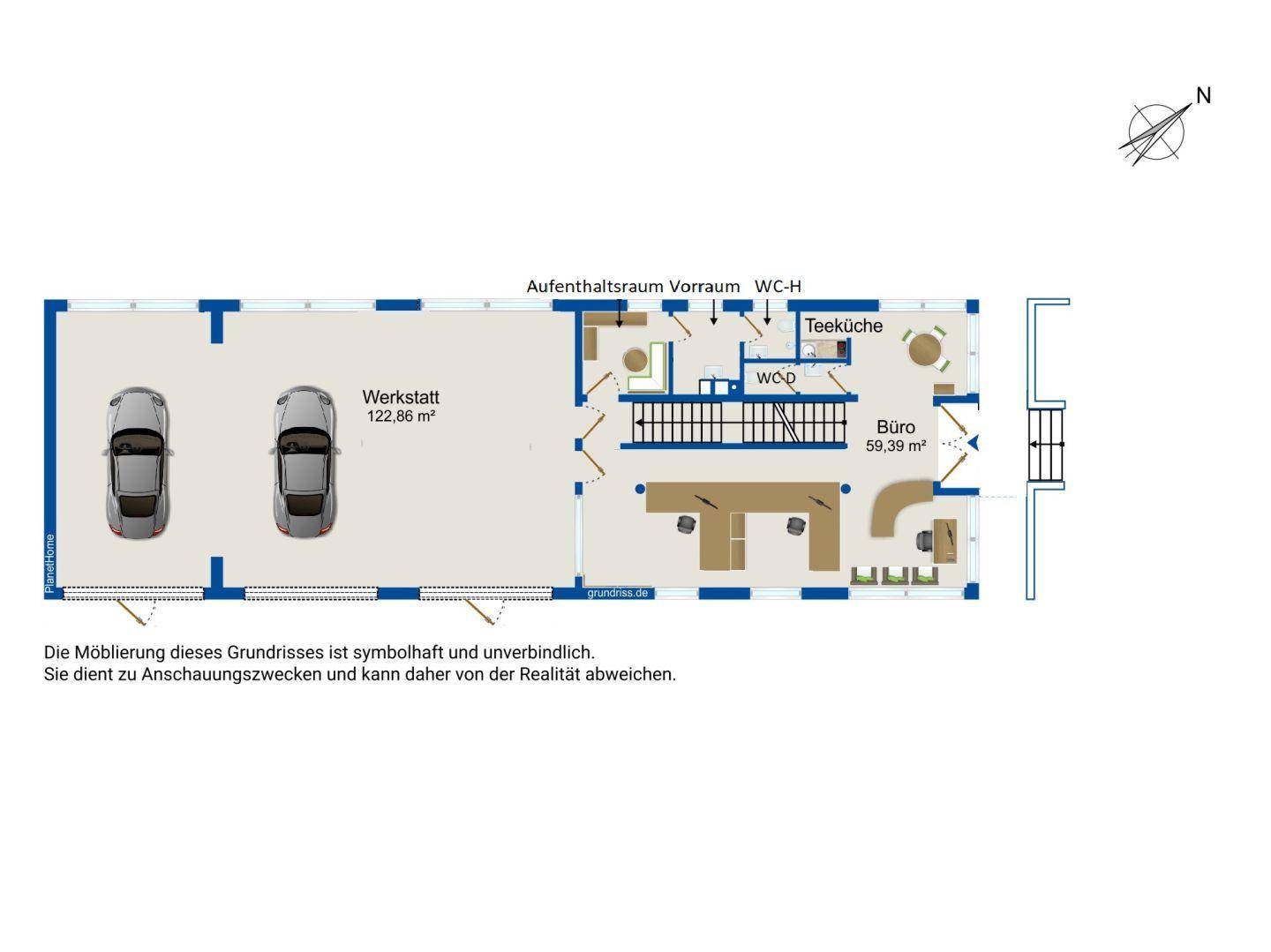 Grundriss des Erdgeschosses mit Werkstatt, Büro, Teeküche und WC-Bereich.