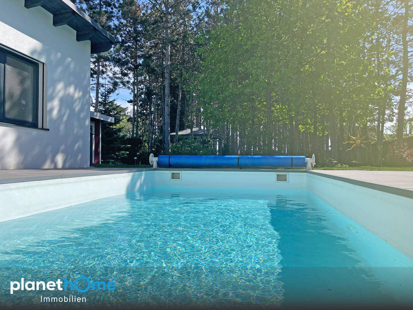 Nahaufnahme des Pools mit blauer Abdeckung, umgeben von Bäumen und viel Grün.