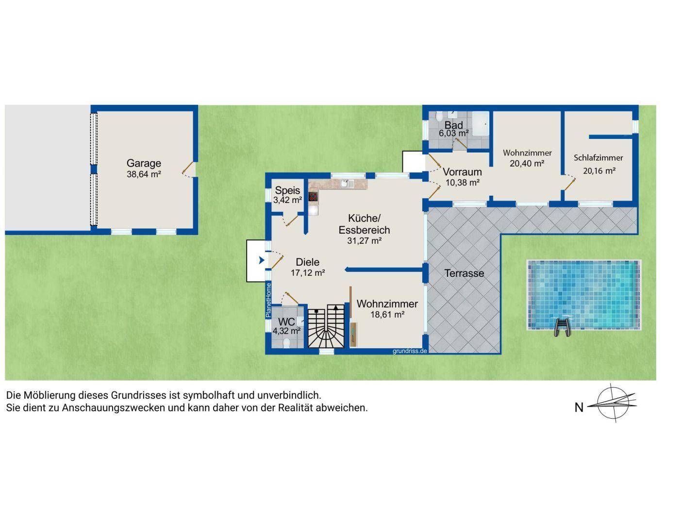 Grundriss des Erdgeschosses mit Wohnzimmer, Küche, Essbereich, Terrasse und Garage.