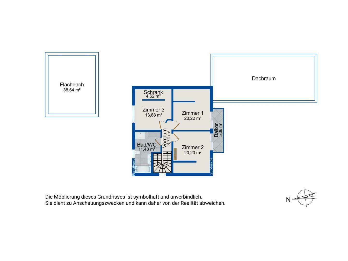Grundriss des Obergeschosses mit drei Zimmern, Bad und Balkon.