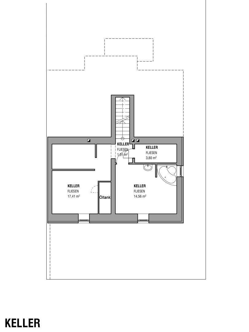 Grundriss des Kellers mit mehreren Kellerräumen und einem Öltank.