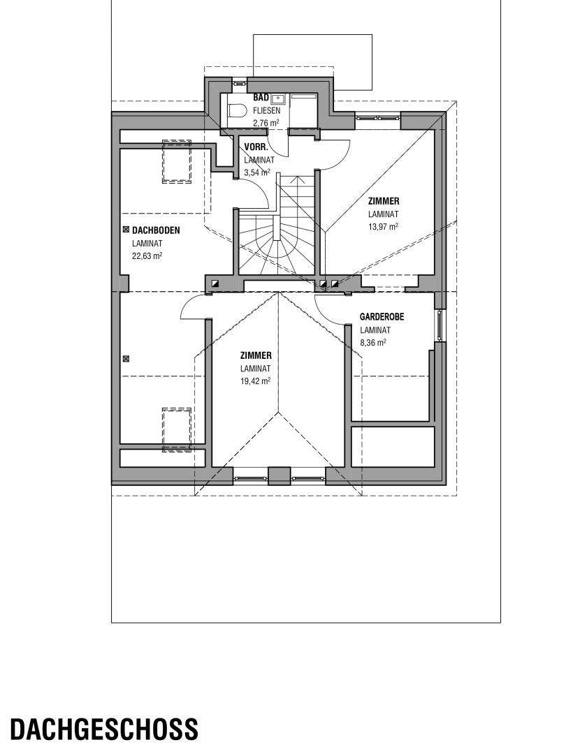 Grundriss des Dachgeschosses mit Zimmern, Bad, Dachboden und einer Garderobe.