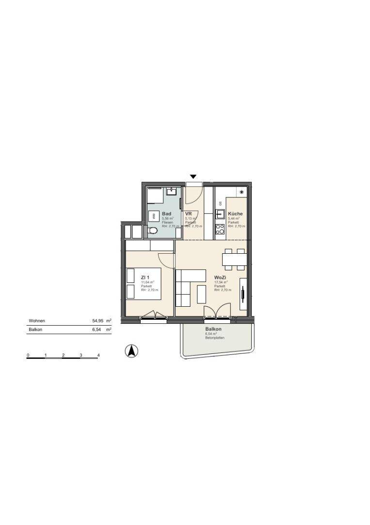Grundriss einer Wohnung mit offenem Wohnbereich, Schlafzimmer, Bad und Balkon.