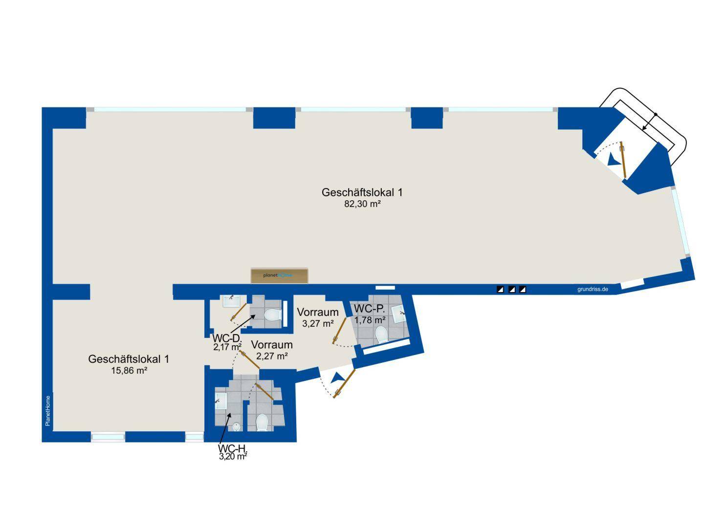 Grundrissplan eines Geschäftslokals mit zwei WC-Bereichen und Vorräumen.