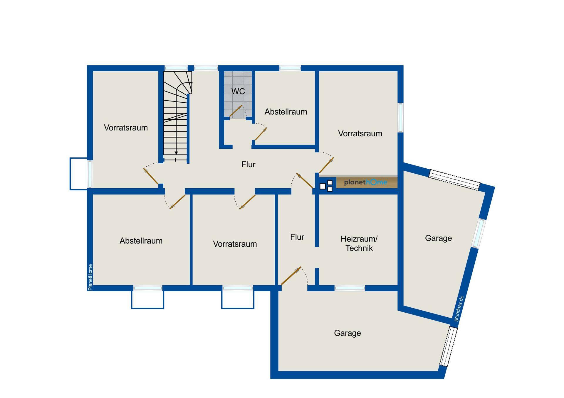 Grundriss des Untergeschosses mit Vorratsräumen, Abstellräumen, Heizraum, WC und Garage.