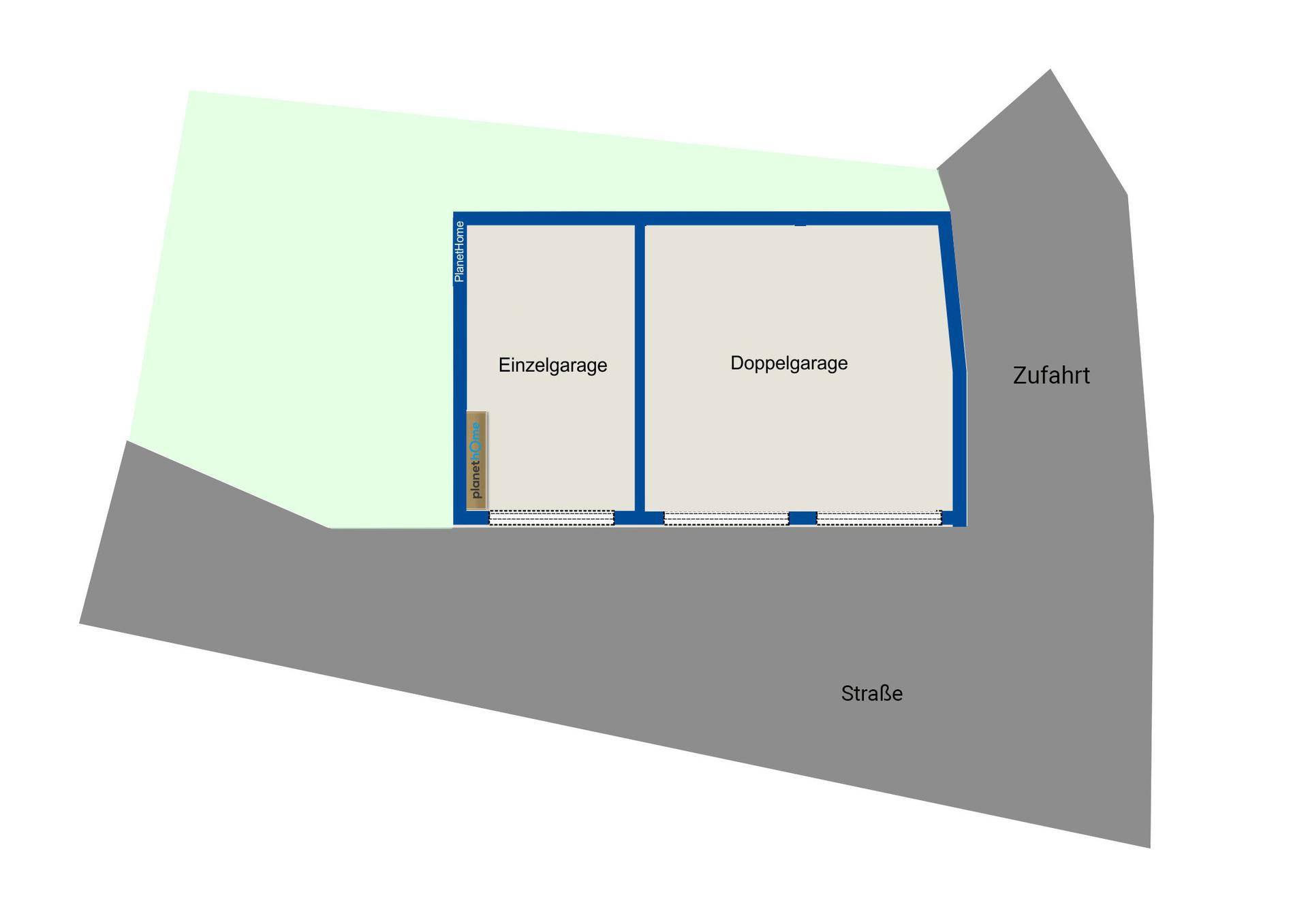 Grundriss zeigt eine Einzelgarage und eine Doppelgarage mit Zufahrt von der Straße.