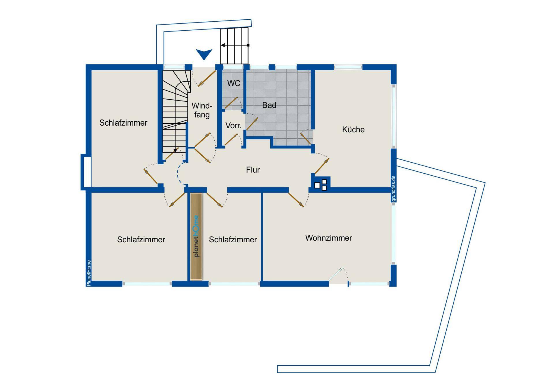 Grundriss des Hauptgeschosses mit Schlafzimmern, Wohnzimmer, Küche, Bad, WC und Flur.